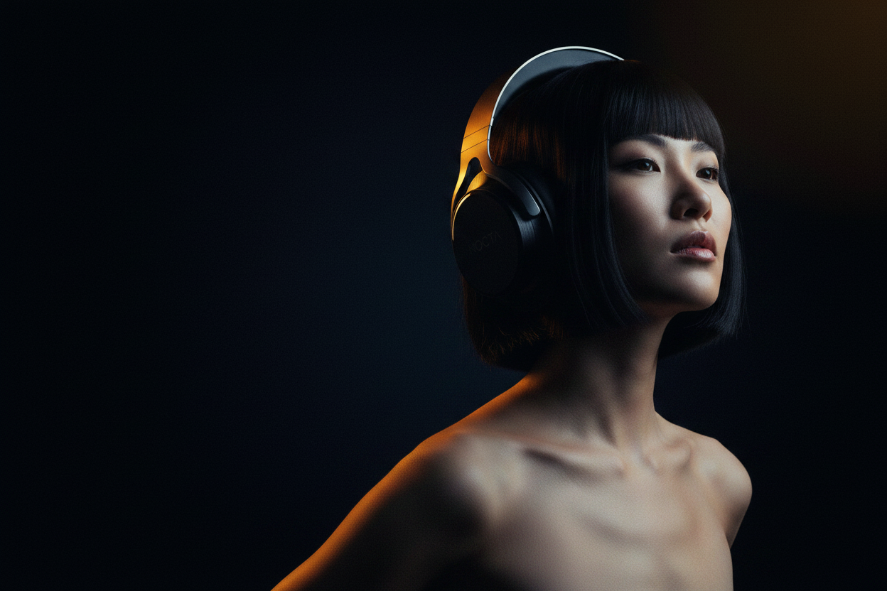 Mei portrait wearing OBSIDIAN ONE, monolid, glass skin, amber light on the neck