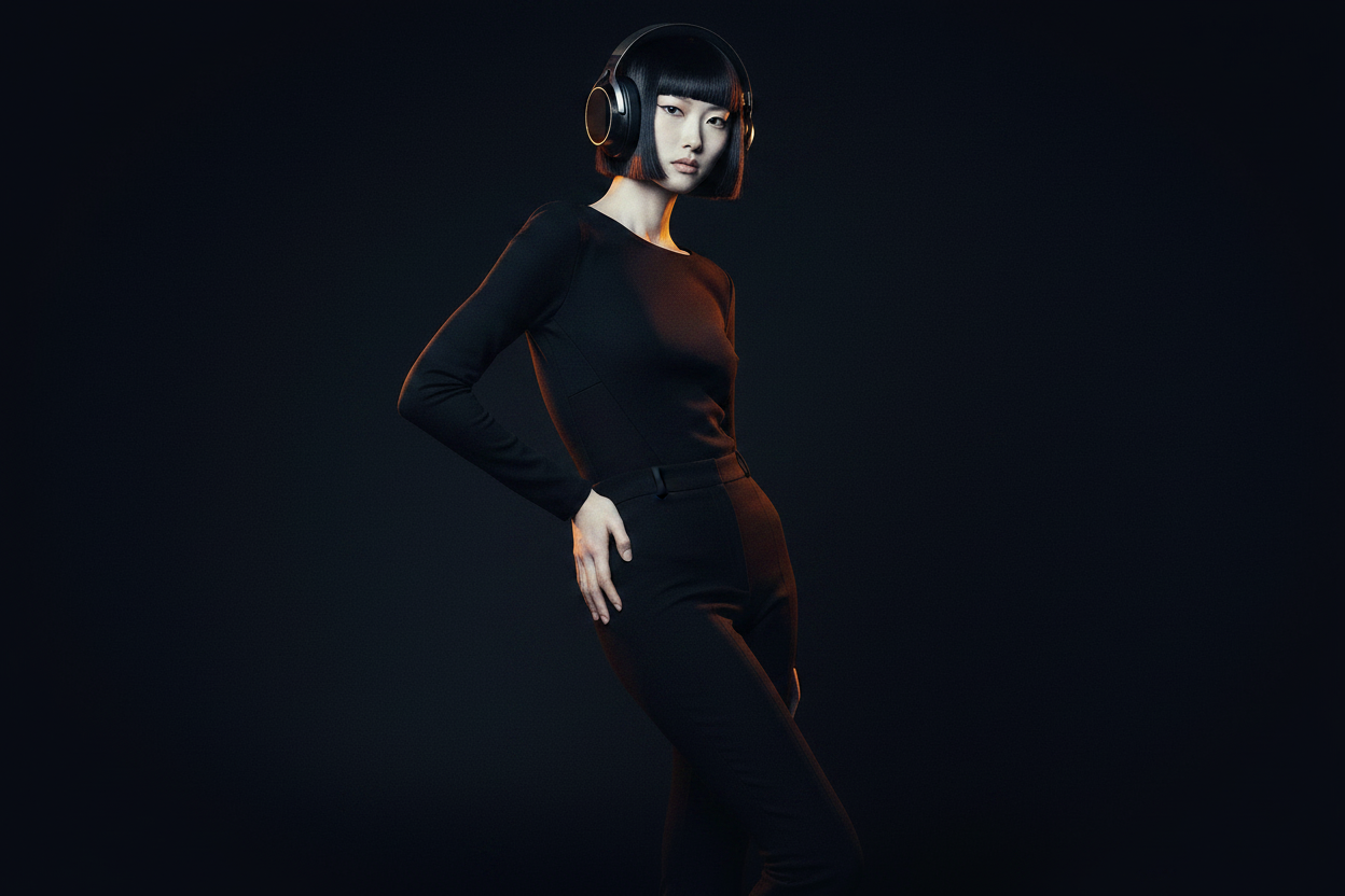 Mei full-body S-curve wearing OBSIDIAN ONE, predatory cool